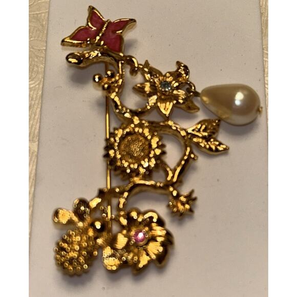 Vtg Avon Goldtone "Spring Garden" Brooch Bee And Butterfly Flowers EUC - Picture 5 of 7